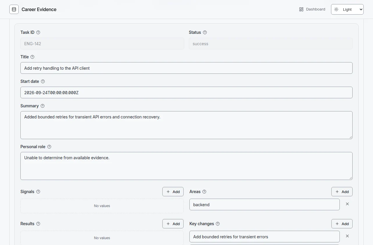 Actual Career Evidence task editor with summary, personal role, key changes, and manual context fields, populated with synthetic data.