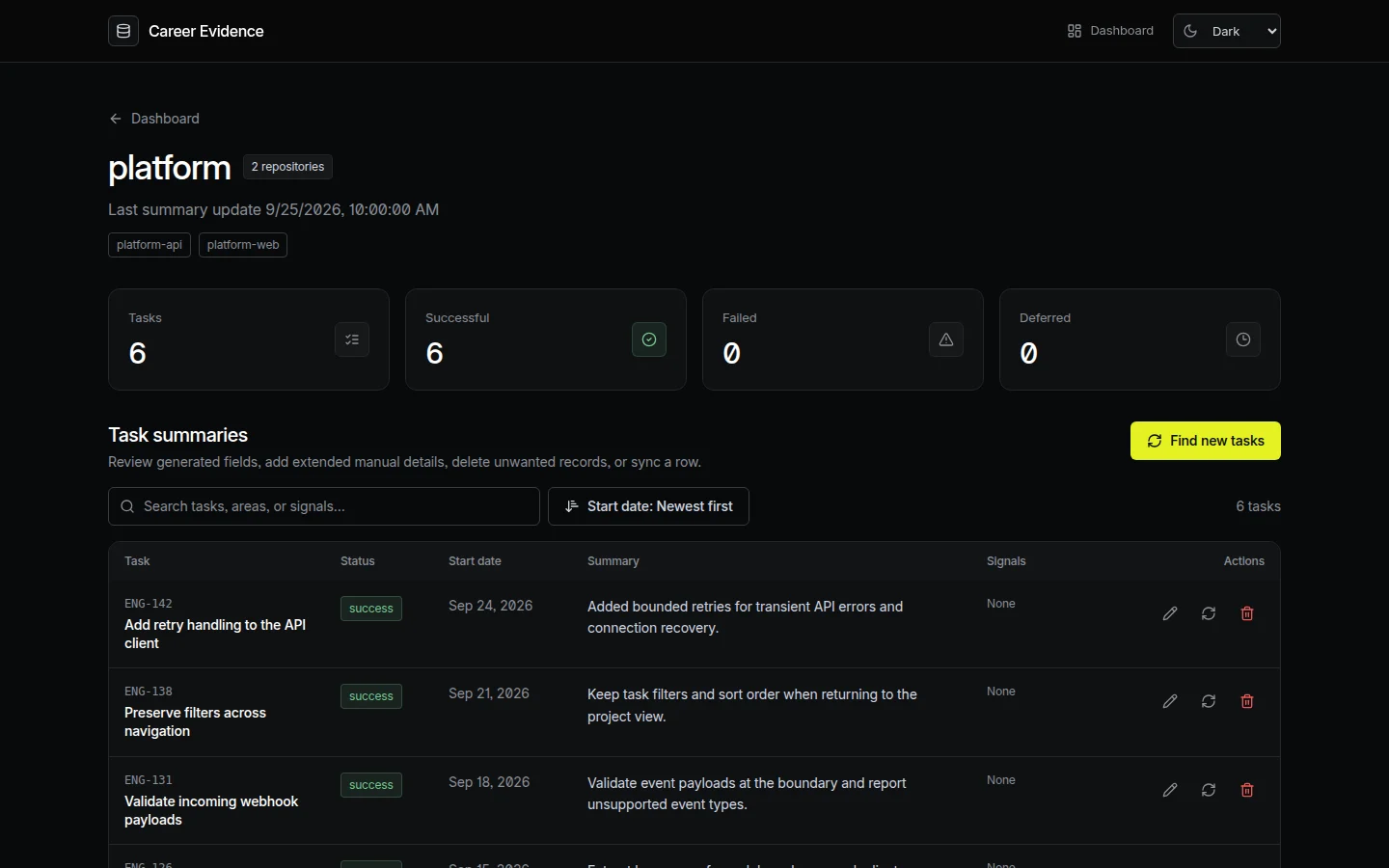 Career Evidence local Web UI showing an example project, task summaries, and evidence correlation review.