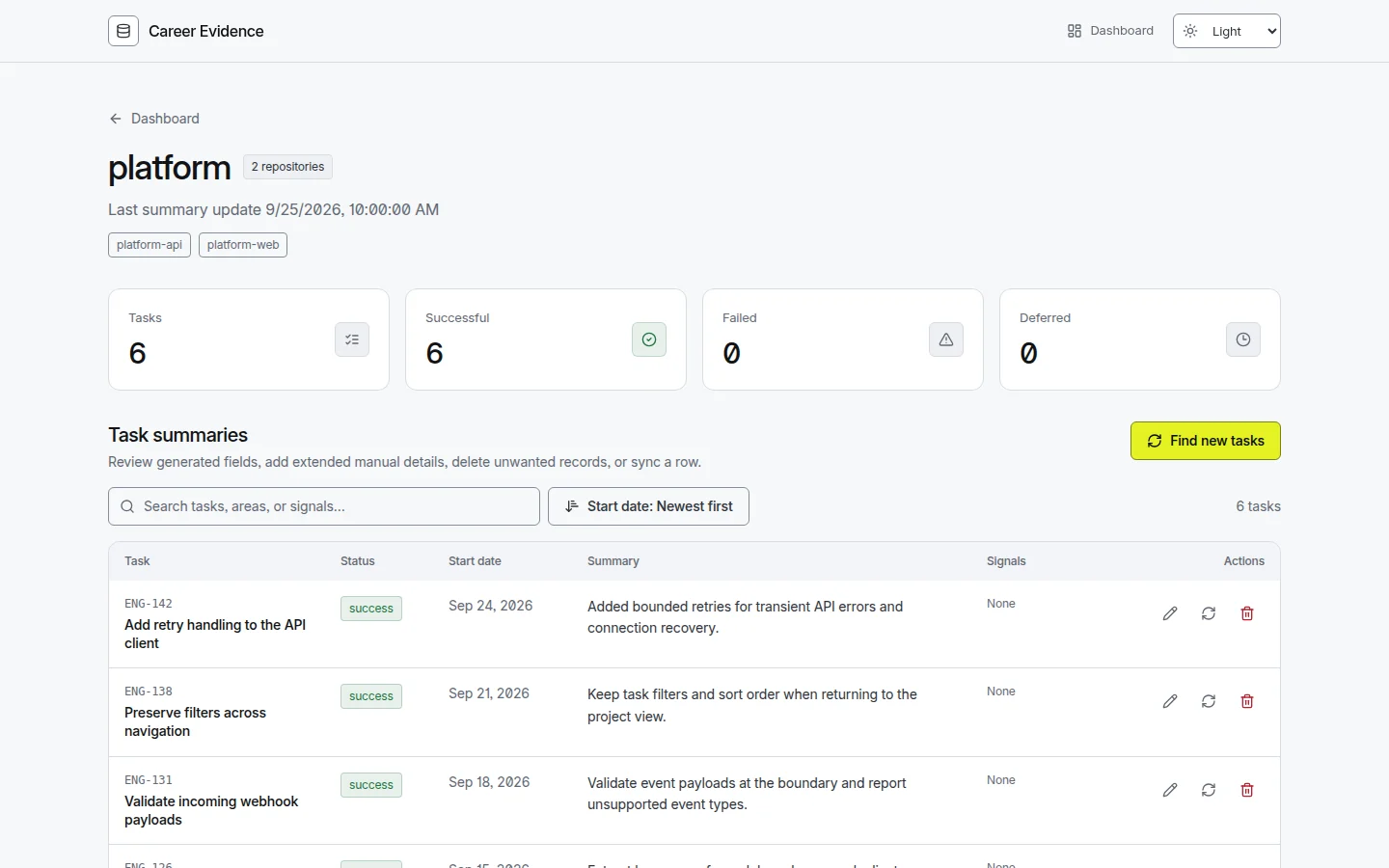 Career Evidence local Web UI showing an example project, task summaries, and evidence correlation review.